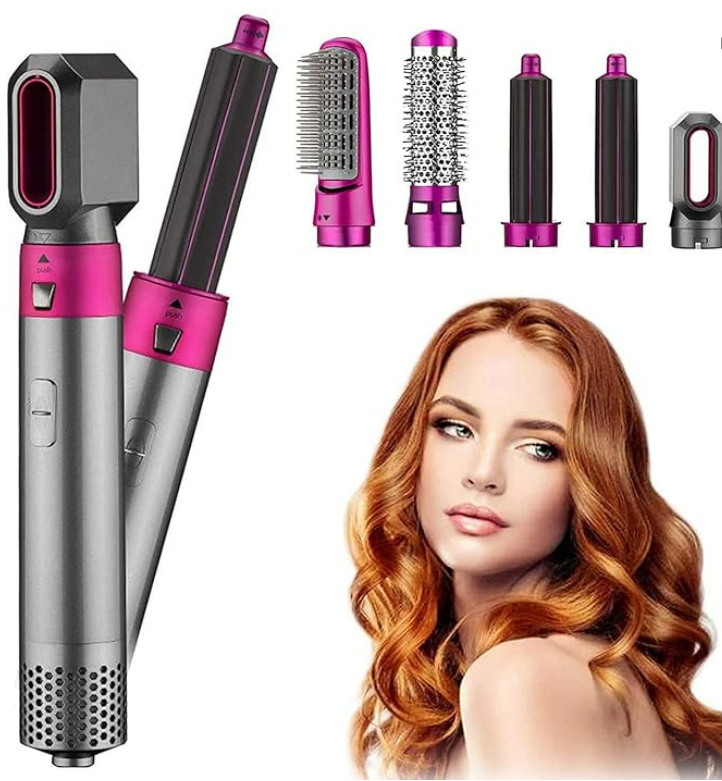 5 in 1 Hair Dryer, Hair Straightener Comb Curling Brush with 5 Interchangeable Barrels