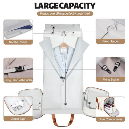 Carry On Garment Bag, Foldable PU Leather Duffle Bag for Women, Large Waterproof Garment Bags for Travel with Shoe Pouch, 2 in 1 Hanging Suitcase Suit Travel Essentials